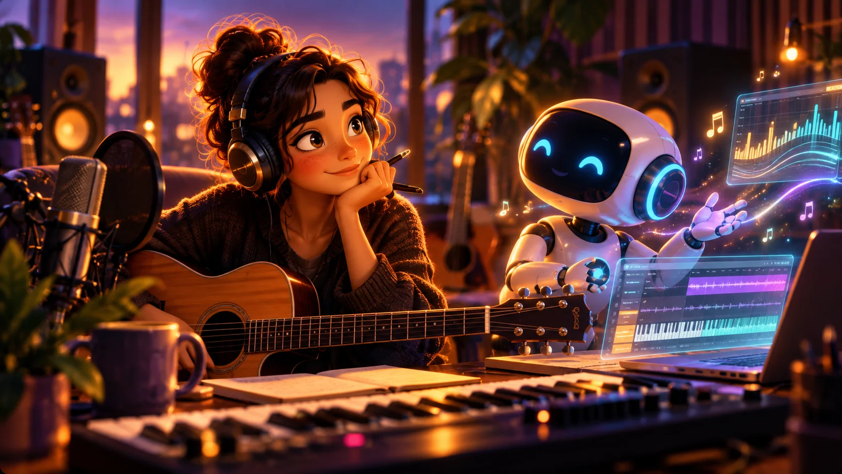 Stylized illustration exploring human musicianship and AI-assisted music creation