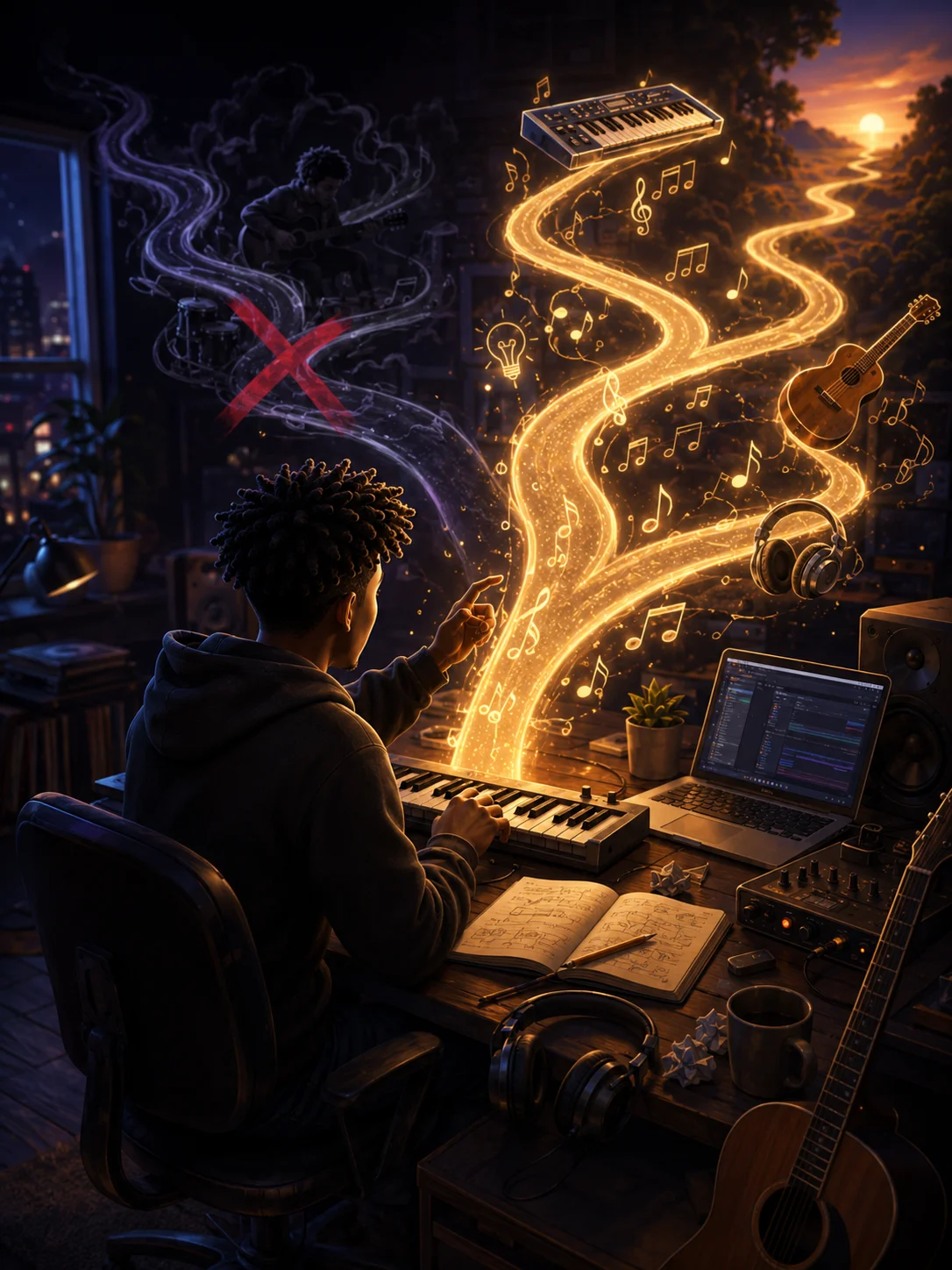 Stylized musician exploring new creative paths with instruments and production tools