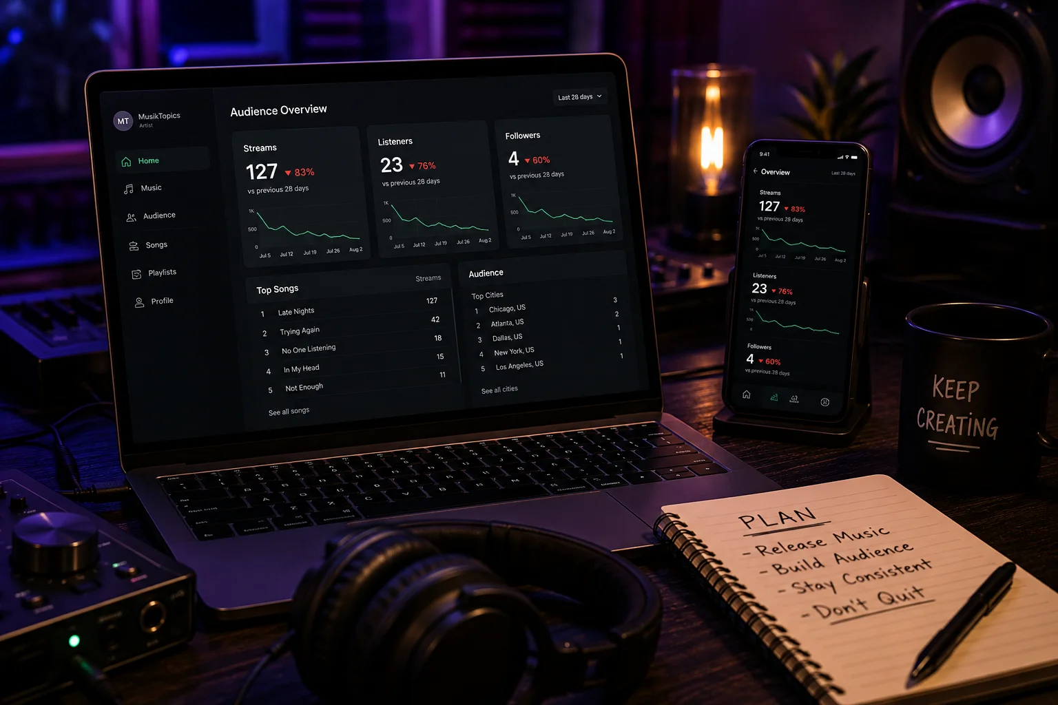 Music analytics dashboard showing low streams, listeners, and followers in a recording workspace