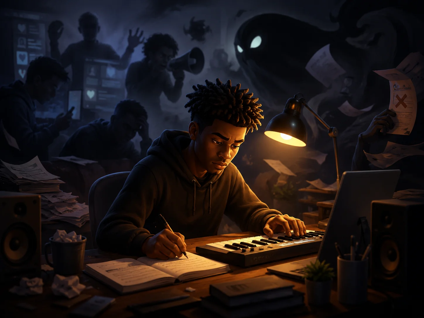 Stylized musician continuing to create while surrounded by rejection and discouragement